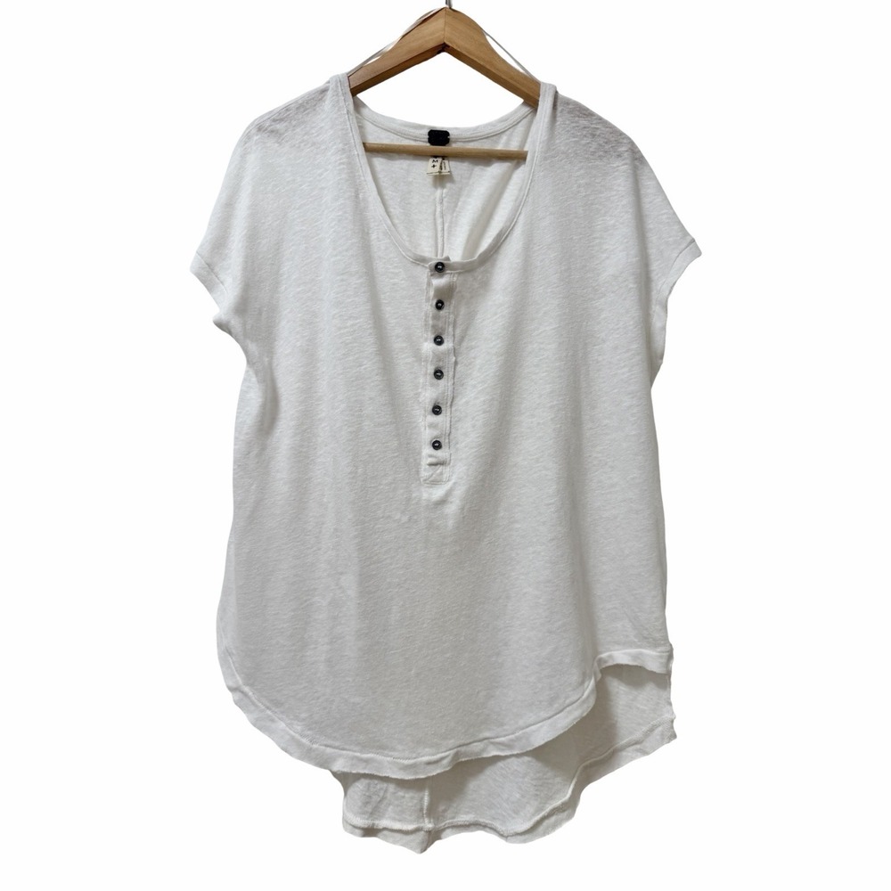 Free People Womens Linen Blend Oversized Henley T Shirt Size M White Beachy Boho